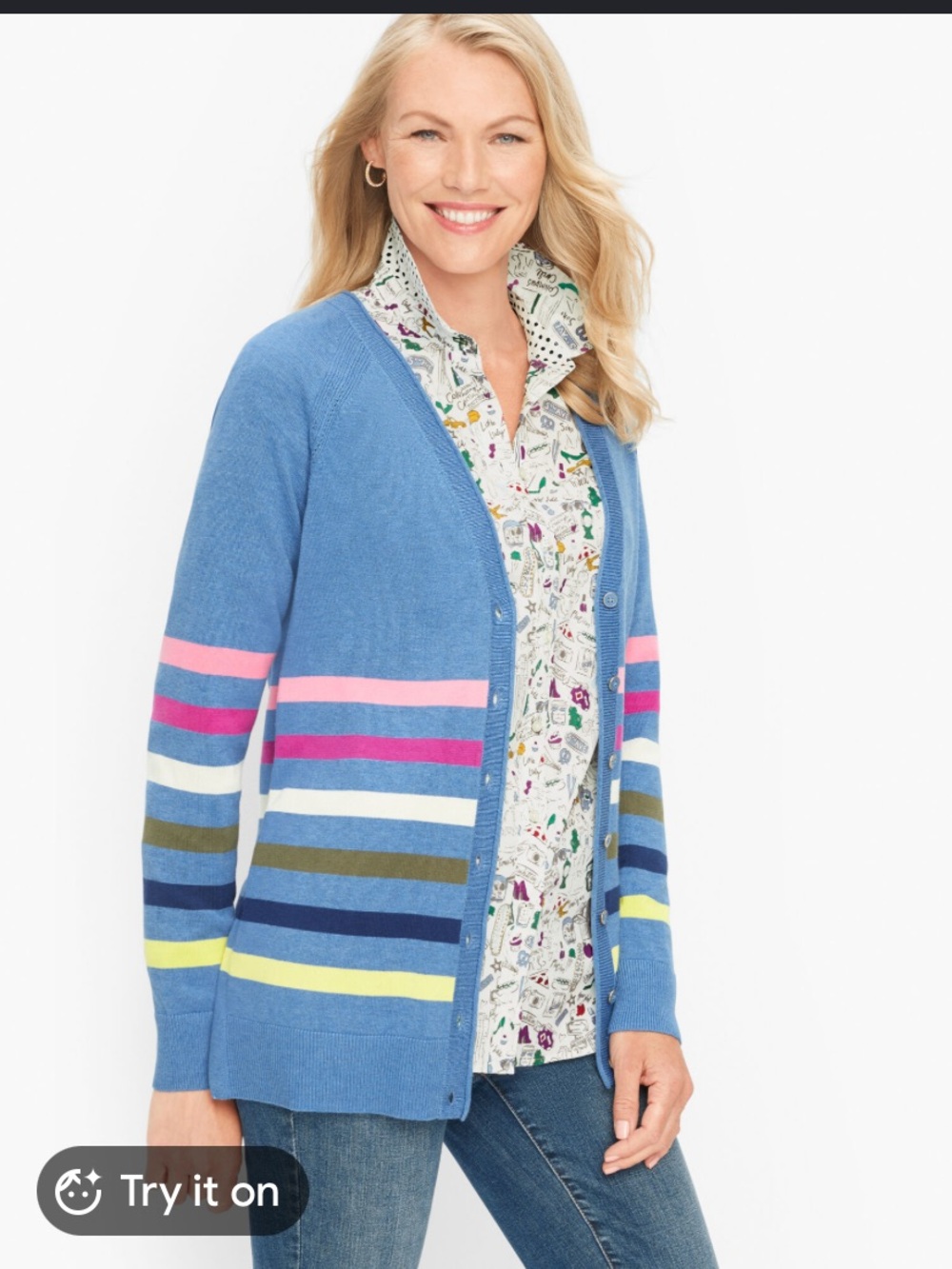 Talbots Girlfriend Striped Cardigan Cotton Blend Blue Multi Size Lp